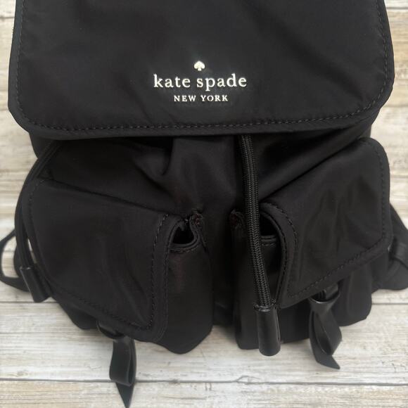 Kate Spade Carley Nylon Flap Backpack Black Drawstring Preppy Casual Athleisure - Picture 2 of 16